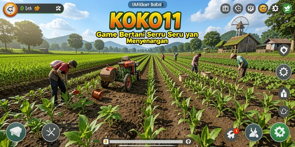 Screenshot gameplay KOKO11 dengan ladang hijau dan tanaman subur.