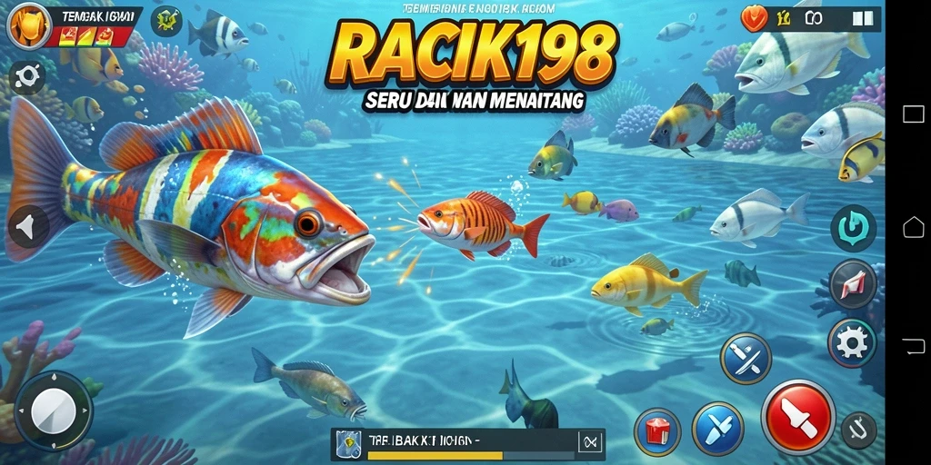 Screenshot gameplay menunjukkan aksi menembak ikan yang seru di RACIK198.